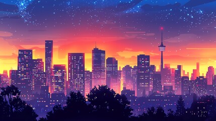 Obraz premium City skyline at sunset with vibrant colors