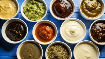 Set of different Sauce in white bowl from top view isolated on background, flat lay of various tasty dipping sauces cuisine.