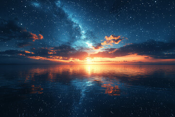 Naklejka premium A spectacular view of a vast, star-filled sky reflected in a calm, pristine lake, creating a sense of cosmic wonder and beauty.