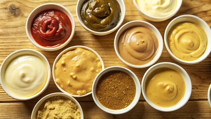 Set of different Sauce in white bowl from top view isolated on background, flat lay of various tasty dipping sauces cuisine.