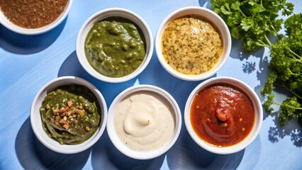 Set of different Sauce in white bowl from top view isolated on background, flat lay of various tasty dipping sauces cuisine.