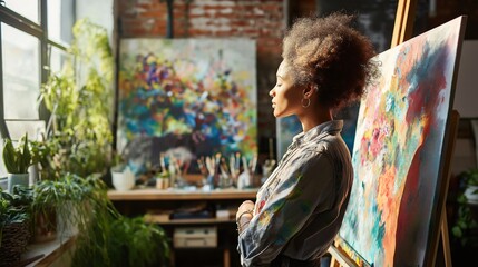 Artist Focused Painting Canvas Sunlit Studio Creative Flow