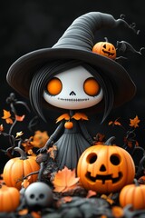 Cute Halloween Witch Figurines with Pumpkins and Skulls in Autumn Theme