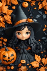 Cute Halloween Witch Figurines with Pumpkins and Skulls in Autumn Theme