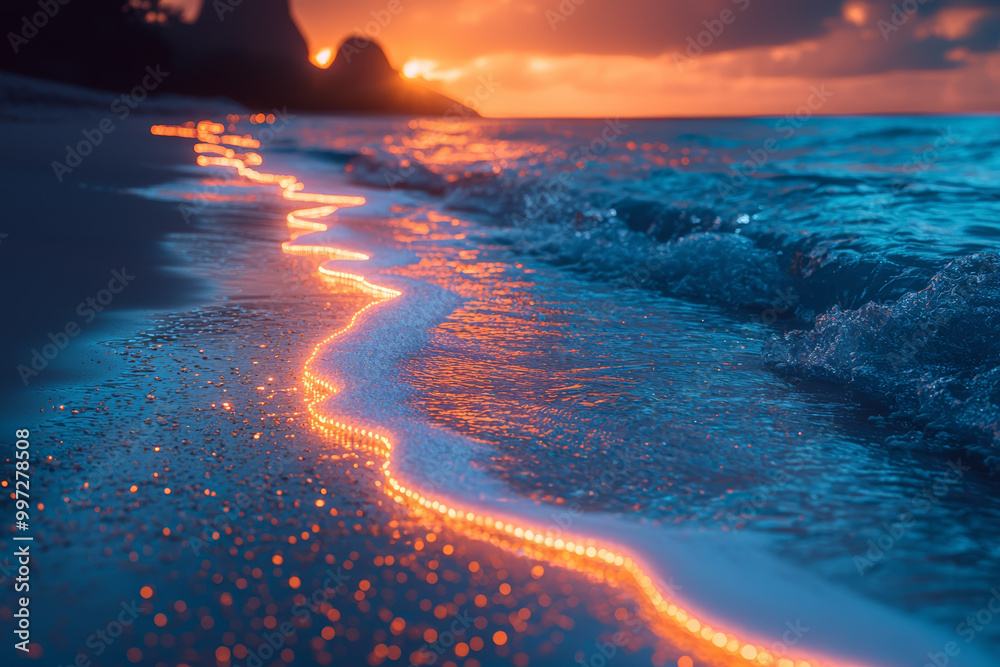 Wall mural a mesmerizing image of a glowing, bioluminescent beach with waves illuminated by natural light, crea