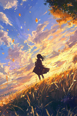 silhouette of a person in a field anime