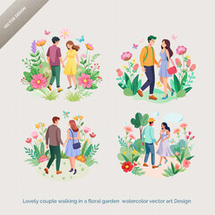 Fototapeta premium Romantic Stroll - Lovely Couple in Floral Garden - Watercolor Vector Art Design