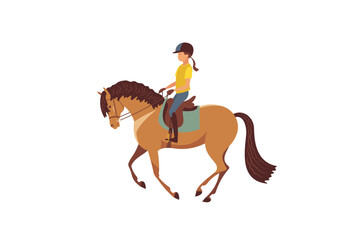 A young girl riding a horse, wearing a helmet for safety