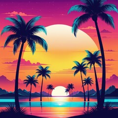 Obraz premium A vibrant sunset scene with palm trees and a tranquil water reflection.
