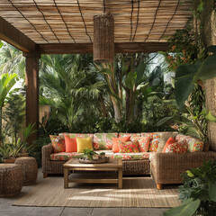 Fototapeta premium tropical garden with palm trees a U-chair fashioned with cushions and a bamboo ceiling