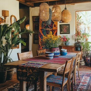 Spanish  encanto dining tables and room with a view of the outside