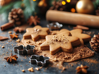 Christmas gingerbread cookies dough with metal cutters on rustic table with wooden rolling pin, cinnamon ,anise, cones, christmas decorations. Atmospheric stylish image, winter holidays