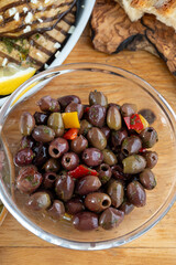 Pickled and marinated olives Ligurian style, tasty Italian starters, antipasti, tapas