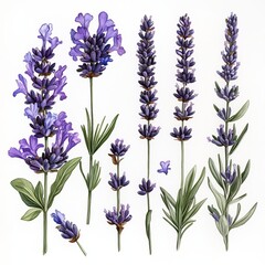 Illustration of various lavender flowers with detailed botanical features.