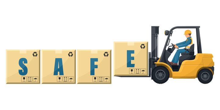 Worker driving a forklift loading boxes with the word SAFE. Lift truck transporting a box packing pallet to a warehouse. Industrial storage and distribution of products. Industrial Safety