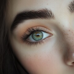 Obraz premium Close-Up of a Green Eye with Freckles and Natural Eyebrow Detail, Generative AI