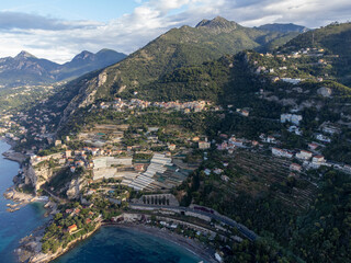 Aerial view on French Riviera, Menton and Mediterranean Sea as seen from French-Italian border in...
