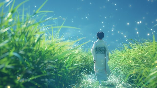 Soft Focus Illustration Japanese Coming of Age Day where participants walk through a field of glowing grass the soft light illuminating their journey symbolizing the path they will create in life