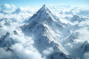 Naklejka premium A breathtaking view of a towering mountain range covered in snow, with clouds rolling over the peaks, inspiring a sense of grandeur and amazement.