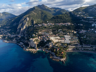 Aerial view on Italian Riviera and Mediterranean Sea from French-Italian border in Grimaldi village, Ventimiglia near San-Remo, travel destination, panoramic view from above