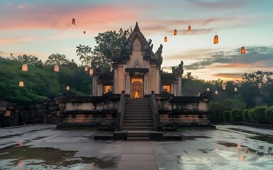 Ancient temple with floating lanterns at sunset.