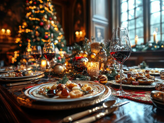Naklejka premium Christmas holidays and New Year celebration, dinner table at a luxury English styled restaurant or hotel, wine, appetisers and Christmas tree decoration, holiday party and event invitation idea