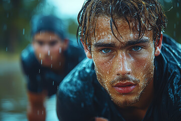Two friends supporting each other during a workout, helping to push past limits. Concept of motivation.