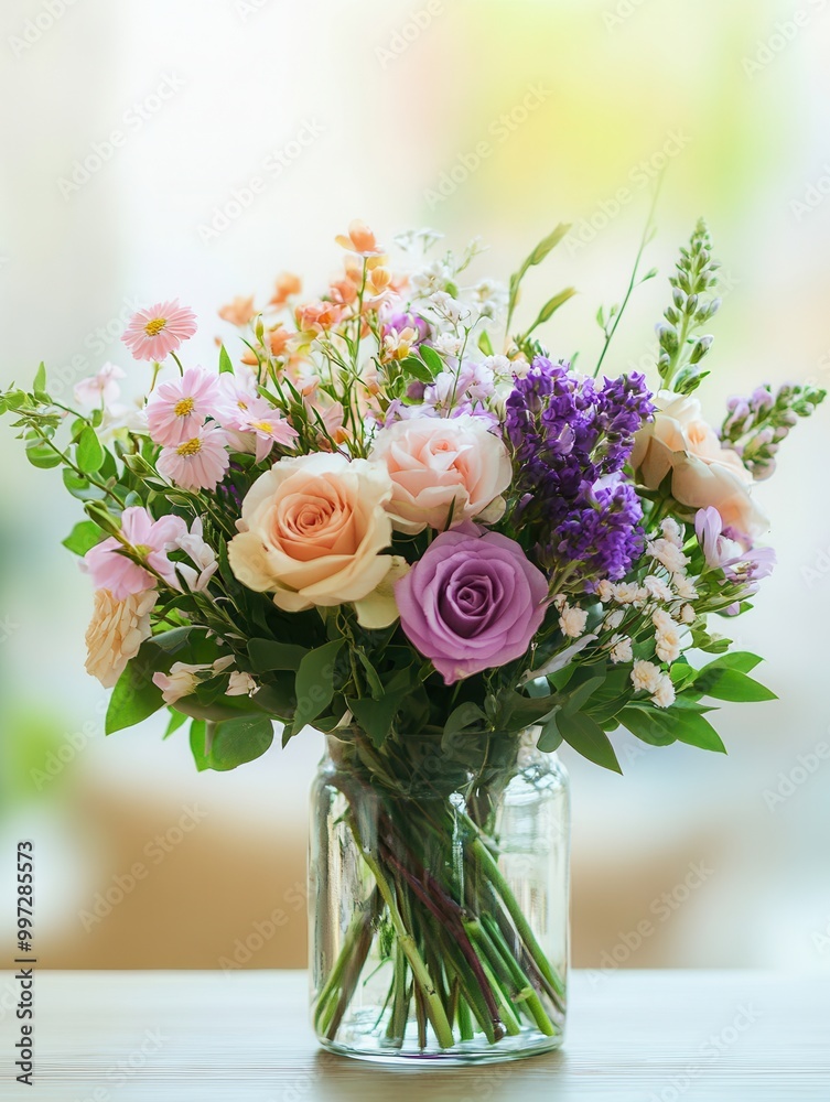 Poster a beautifully arranged bouquet featuring various colorful flowers is displayed in a clear glass vase