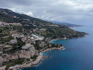 Aerial view on Italian Riviera and Mediterranean Sea from French-Italian border in Grimaldi village, Ventimiglia near San-Remo, travel destination, panoramic view from above