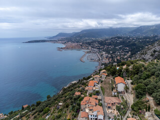 Aerial view on French Riviera, Menton, Monte-Carlo and Monaco and Mediterranean Sea from French-Italian border in Grimaldi village, Ventimiglia, travel destination, panoramic view from above