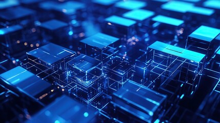 Abstract blue digital cubes in a futuristic setting.