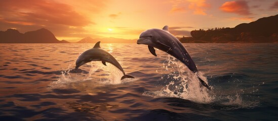 Obraz premium Two Dolphins Leaping in a Sunset