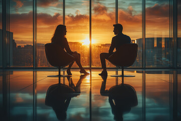 Two business partners sitting in silence, both avoiding eye contact after a tense negotiation. Concept of partnership tension.