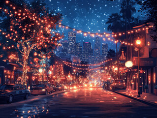 Christmas show on the streets of Los Angeles. Cartoon style. Multi colored fairy lights for the Christmas tree. Advertising for books, illustrations and cartoons