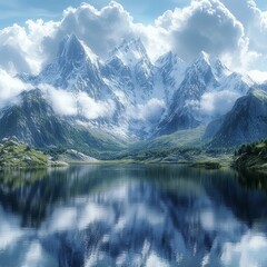 Majestic snow-capped mountains reflected in a serene lake with blue sky and clouds.