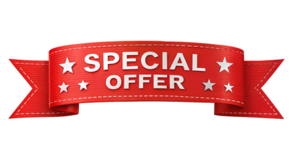 Red ribbon banner with stars showcasing a special offer message on a transparent or white background.