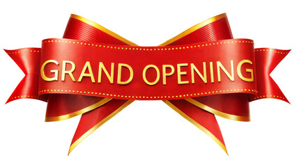 Grand opening ribbon banner, perfect for promotional materials and event decoration. Transparent or white background.