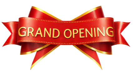 Grand opening ribbon banner, perfect for promotional materials and event decoration. Transparent or white background.
