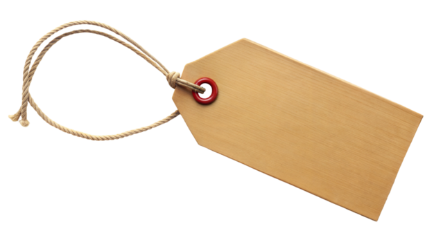 Blank brown tag on a string, isolated on a transparent or white background for labels or price tags.