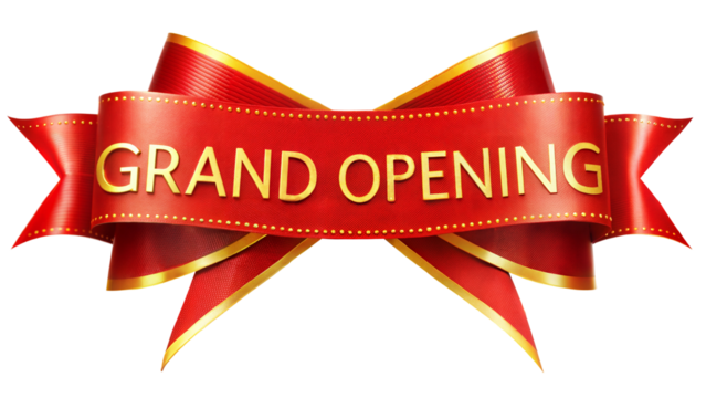Grand opening ribbon banner, perfect for promotional materials and event decoration. Transparent or white background.