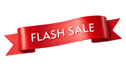 Red banner with the text Flash Sale, promotional graphic on transparent or white isolated background.