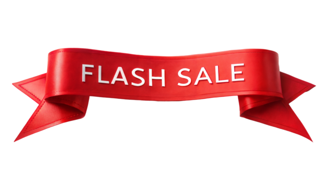 Promotional red ribbon banner displaying 'Flash Sale' on a transparent or white isolated background.