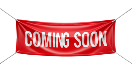 Red banner with white text announcing coming soon on a transparent or white background.