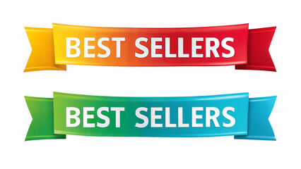 Vibrant 'Best Sellers' banners in multiple colors, ideal for promotional materials and advertising. Transparent or white background.