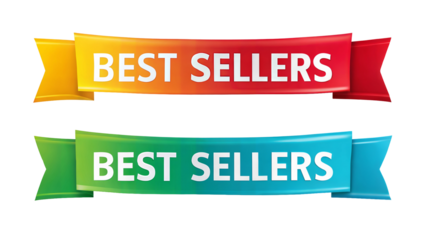 Vibrant 'Best Sellers' banners in multiple colors, ideal for promotional materials and advertising. Transparent or white background.