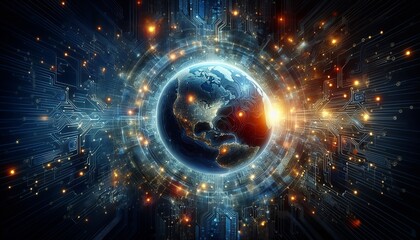 Obraz premium An artistic blend of nature and technology that showcases the interconnected digital network of the earth. 