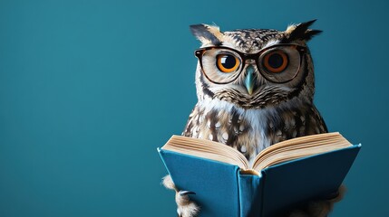 Wise owl wearing glasses, reading a book on blue background symbolizing knowledge and wisdom