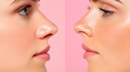 Clear skin after acne treatment, comparison with day one, side-by-side transition, flawless skin details, medical aesthetics, photography, warm soft tones