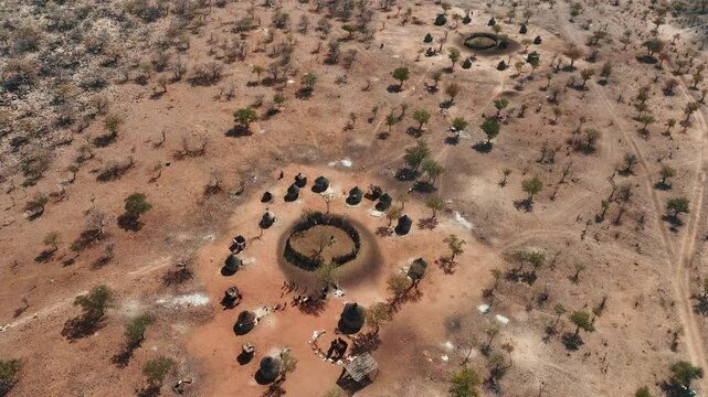 Aerial view of Himba tribe people village in Namibia.
