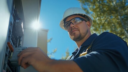 An electrician examines a residential electrical panel outdoors in a suburban area, ensuring safety and functionality under bright, clear skies